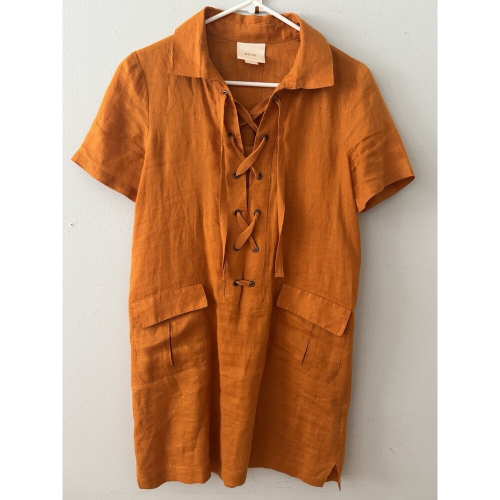 Maeve Anthropologie Lace Up Linen Dress in Mango Size 2
